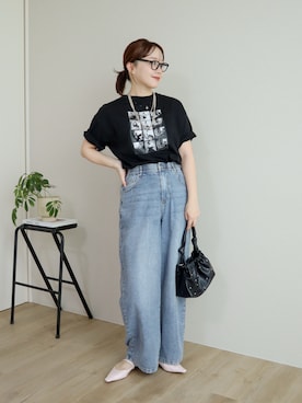 「select MOCA by son（セレクトモカバイソン）の【定番】【選べる】アソートプリントオーバーサイズTシャツ（Tシャツ/カットソー、ブラック系）」を使った、てらさん（レディース・163cm）の夏コーディネート