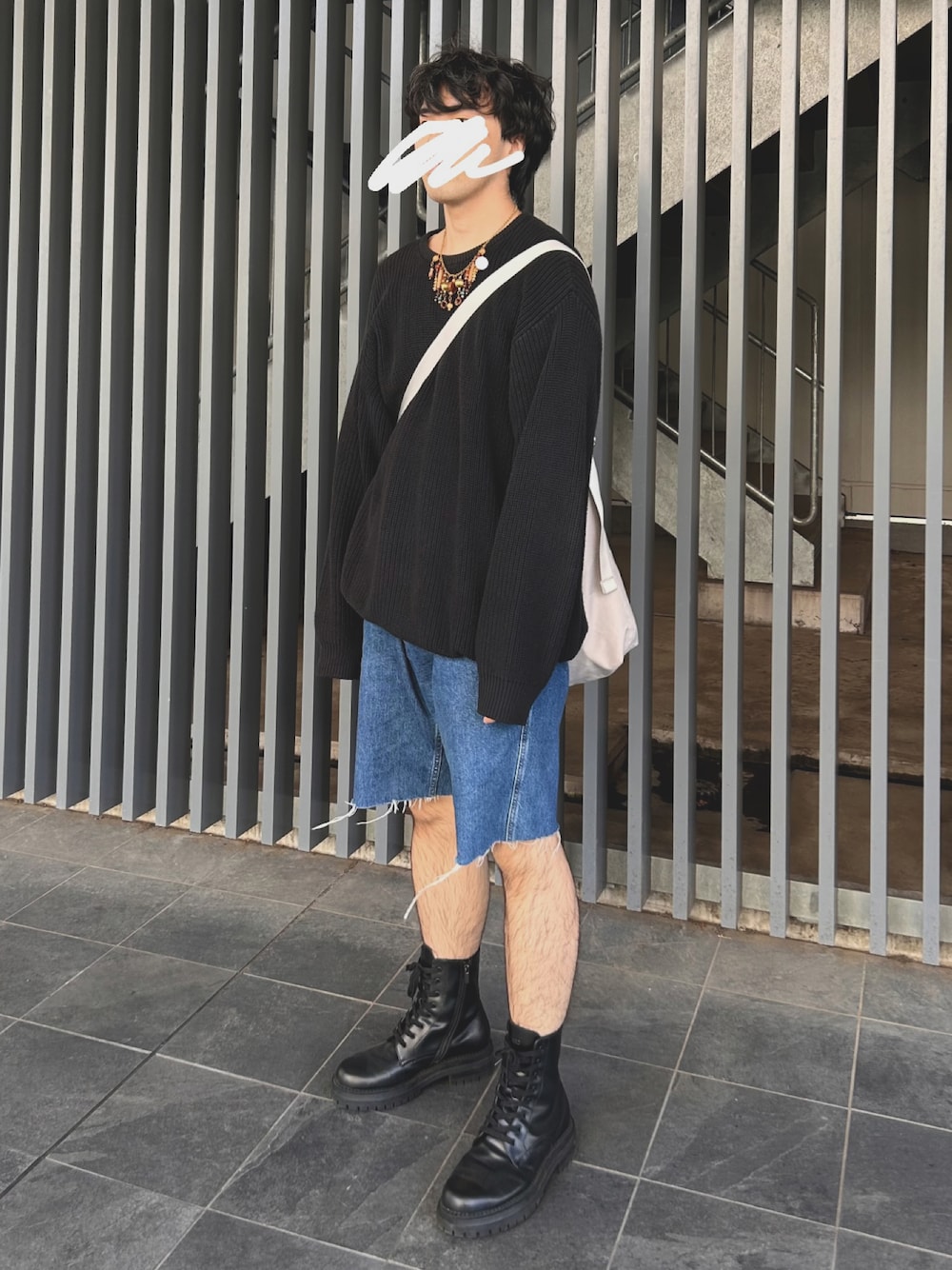 「ハーフパンツ、きりっぱなし、秋のみ、秋コーデ」｜「Lands' Endのアイテム（ニット/セーター、ブラック系）」を使った、H2さん（メンズ・178cm）の秋コーディネートの1枚目の写真