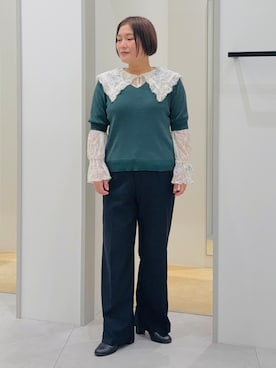 「THE SHOP TK （ザ ショップ ティーケー ）の【秋始めにちょうどいい/毛玉防止】すっきりVネック秋色6分袖ニット（ニット/セーター、グリーン系）」を使った、タナさん（レディース・155cm）の秋コーディネート
