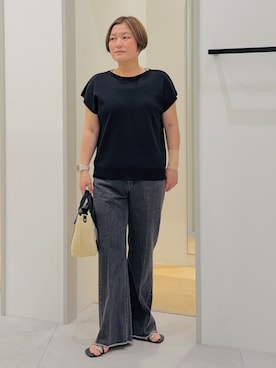 「THE SHOP TK （ザ ショップ ティーケー ）の【S-XL/ひんやりタッチ】多機能フレンチスリーブニット 洗濯機OK/UVケア/毛玉になりにくい（ニット/セーター、ブラック系）」を使った、タナさん（レディース・155cm）の春コーディネート