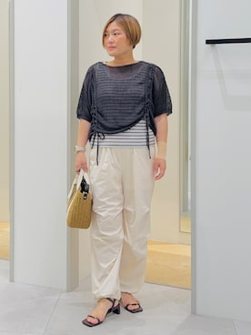 「Sunauna（スーナウーナ）の◆フロントタックシフォントップス（Tシャツ/カットソー、ホワイト系）」を使った、タナさん（レディース・155cm）の春コーディネート