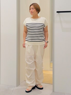 「THE SHOP TK （ザ ショップ ティーケー ）の【S-XL/ひんやりタッチ】多機能フレンチスリーブニット 洗濯機OK/UVケア/毛玉になりにくい（ニット/セーター、ベージュ系）」を使った、タナさん（レディース・155cm）の春コーディネート