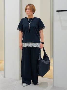 「THE SHOP TK （ザ ショップ ティーケー ）の【M-XL/ひんやり／吸水速乾／UV】上品な透け感 袖口シアーTシャツ（Tシャツ/カットソー、ブラック系）」を使った、タナさん（レディース・155cm）の春コーディネート