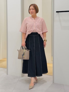 「THE SHOP TK （ザ ショップ ティーケー ）の【M-XL/さりげなく二の腕カバー】5分袖Wポケットシャツ（シャツ/ブラウス、ピンク系）」を使った、タナさん（レディース・155cm）の夏コーディネート