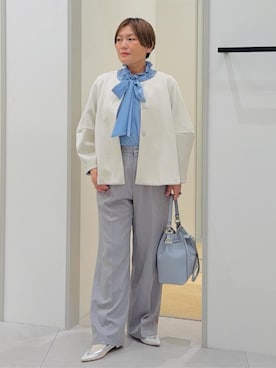 「THE SHOP TK （ザ ショップ ティーケー ）の【通勤・セレモニー】ノーカラーダンボールジャケット（ノーカラージャケット、ホワイト系）」を使った、タナさん（レディース・155cm）の冬コーディネート