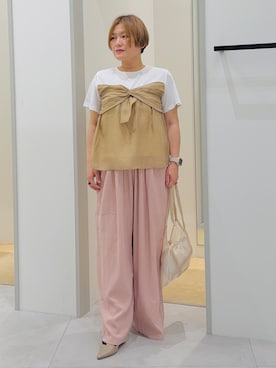 「THE SHOP TK （ザ ショップ ティーケー ）の【ひんやり／吸水速乾／UV】ビスチェ風 切り替えTシャツ（Tシャツ/カットソー、ホワイト系）」を使った、タナさん（レディース・155cm）の春コーディネート