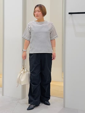 「THE SHOP TK （ザ ショップ ティーケー ）の【二の腕カバーに】さらり麻調メッシュ5分袖ブラウス（シャツ/ブラウス、ベージュ系）」を使った、タナさん（レディース・155cm）の夏コーディネート