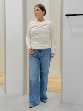 「THE SHOP TK （ザ ショップ ティーケー ）のドレープネック リブカットソー（Tシャツ/カットソー、ホワイト系）」を使った、タナさん（レディース・155cm）の秋コーディネート
