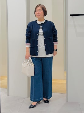 「THE SHOP TK （ザ ショップ ティーケー ）のもにゅ 袖配色カーディガン（カーディガン/ボレロ、ブルー系）」を使った、タナさん（レディース・155cm）の秋コーディネート