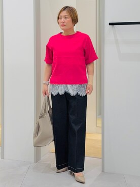 「THE SHOP TK （ザ ショップ ティーケー ）の【二の腕カバーに】さらり麻調メッシュ5分袖ブラウス（シャツ/ブラウス、ピンク系）」を使った、タナさん（レディース・155cm）の春コーディネート
