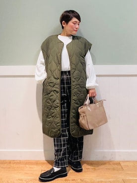 「秋先取りコーデ」｜「アイテム（ノーカラーコート）」を使った、タナさん（レディース・155cm）の秋コーディネート