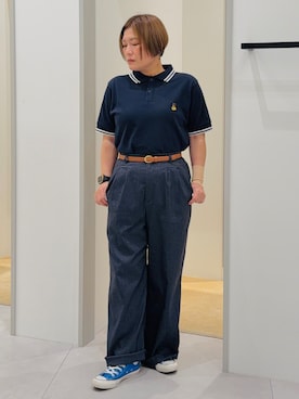 「THE SHOP TK （ザ ショップ ティーケー ）のクマ刺繍 半袖ポロシャツ 洗濯機OK（ポロシャツ、ブルー系）」を使った、タナさん（レディース・155cm）の夏コーディネート