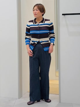 「THE SHOP TK （ザ ショップ ティーケー ）の衿付マルチボーダーニット（ニット/セーター、ブラウン系）」を使った、タナさん（レディース・155cm）の冬コーディネート