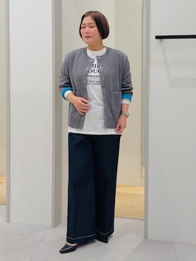 「THE SHOP TK （ザ ショップ ティーケー ）のもにゅ 袖配色カーディガン（カーディガン/ボレロ、グレー系）」を使った、タナさん（レディース・155cm）の秋コーディネート