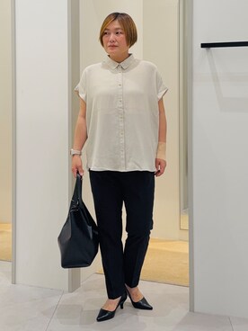 「THE SHOP TK （ザ ショップ ティーケー ）の【ひんやり/防しわ/UV/吸水速乾】襟付き フレンチスリーブシャツ（シャツ/ブラウス、ベージュ系）」を使った、タナさん（レディース・155cm）の春コーディネート