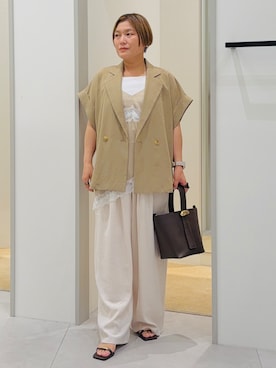「THE SHOP TK （ザ ショップ ティーケー ）の【夏の通勤スタイルに】涼やかな着心地 麻調ダブルブレストジャケット（テーラードジャケット、ベージュ系）」を使った、タナさん（レディース・155cm）の春コーディネート