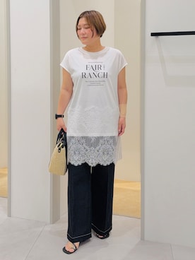 「THE SHOP TK （ザ ショップ ティーケー ）のレース切替 ロングTシャツ（Tシャツ/カットソー、ホワイト系）」を使った、タナさん（レディース・155cm）の夏コーディネート