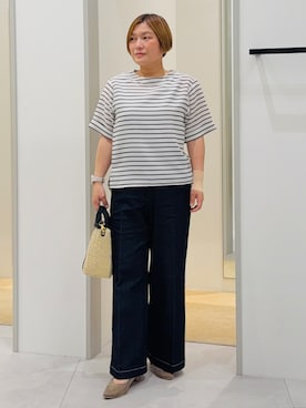 「THE SHOP TK （ザ ショップ ティーケー ）の【二の腕カバーに】さらり麻調メッシュ5分袖ブラウス（シャツ/ブラウス、ベージュ系）」を使った、タナさん（レディース・155cm）の春コーディネート