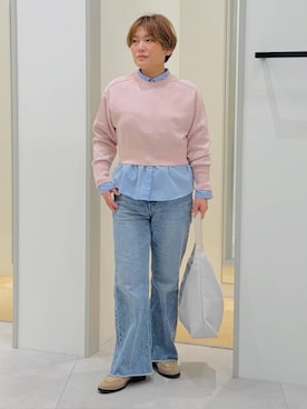 「THE SHOP TK （ザ ショップ ティーケー ）の【着丈が選べる】スウェットライクラメジャカードニット（ニット/セーター、ピンク系）」を使った、タナさん（レディース・155cm）の冬コーディネート