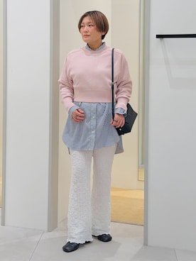 「THE SHOP TK （ザ ショップ ティーケー ）の【着丈が選べる】スウェットライクラメジャカードニット（ニット/セーター、ピンク系）」を使った、タナさん（レディース・155cm）の春コーディネート