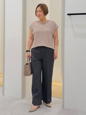 「THE SHOP TK （ザ ショップ ティーケー ）の【S-XL/ひんやりタッチ】多機能フレンチスリーブニット 洗濯機OK/UVケア/毛玉になりにくい（ニット/セーター、ベージュ系）」を使った、タナさん（レディース・155cm）の夏コーディネート