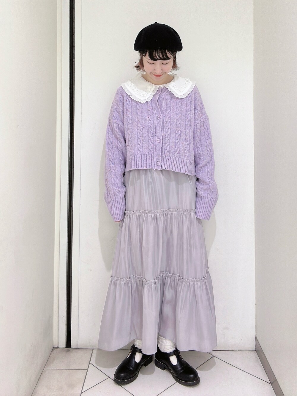 「エヘカソポ、ehka sopo、ティアードスカート、オーロラスカート」｜「ehka sopoのケーブルショート丈カーディガン（カーディガン/ボレロ、パープル系）」を使った、sakura✿さん（レディース・158cm）の冬コーディネートの1枚目の写真