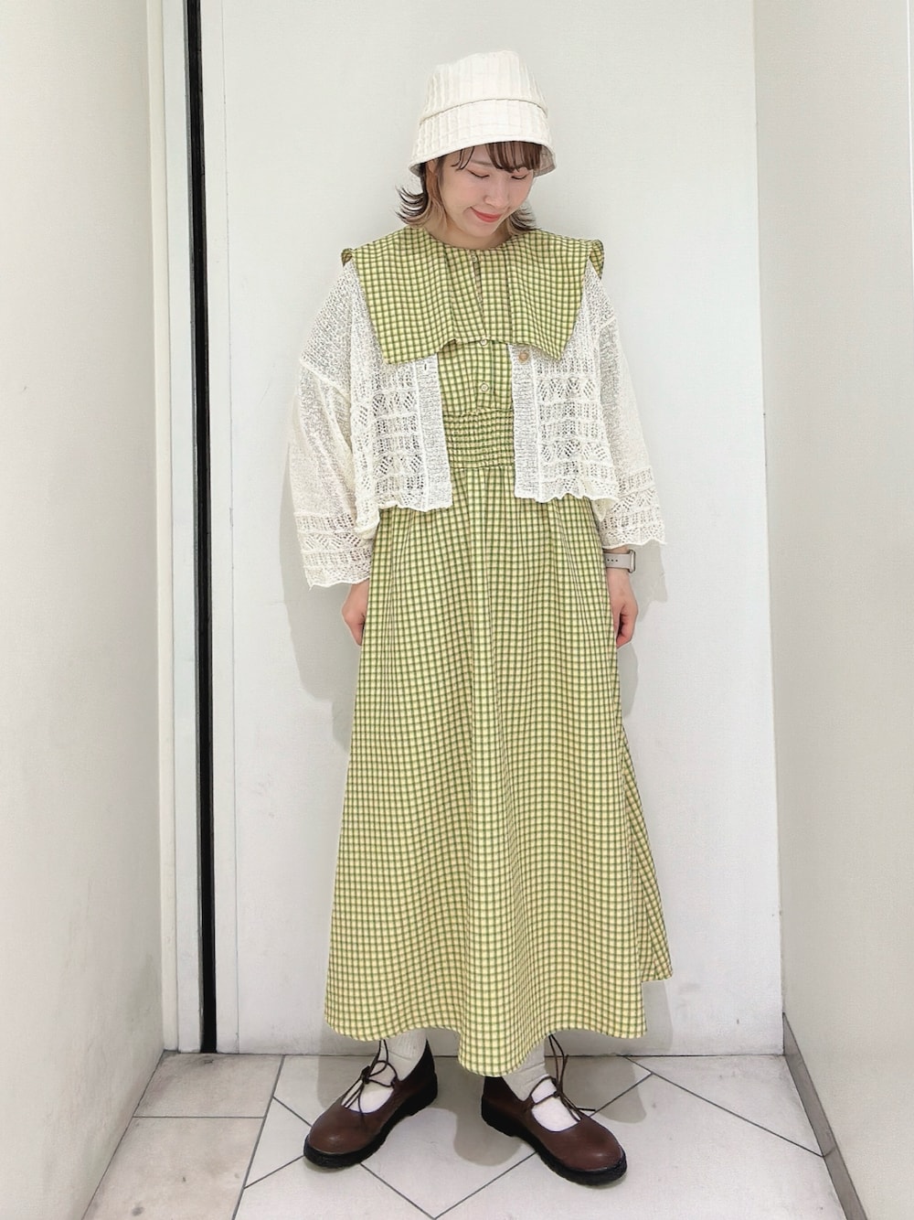 「カーディガン、エヘカソポ、ehka sopo、レトロガーリー」｜「ehka sopoのリボンストラップシューズ（その他シューズ、ブラウン系）」を使った、sakura✿さん（レディース・158cm）の春コーディネートの1枚目の写真