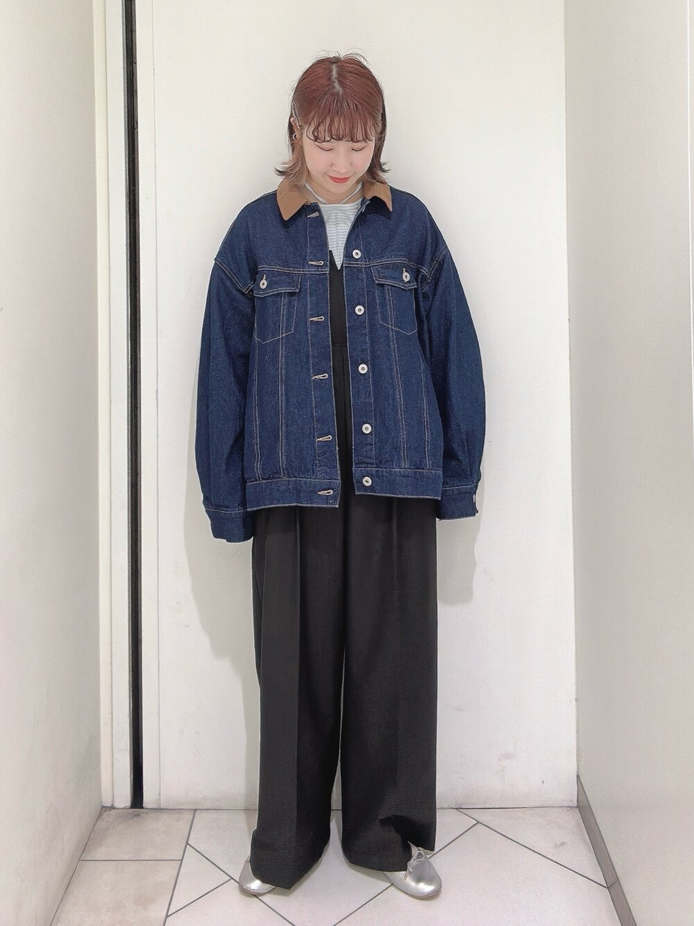 「Gジャン、デニムジャケット、エヘカソポ、ehka sopo」｜「ehka sopoの襟配色ビッグGジャン（ノーカラージャケット、ブルー系）」を使った、sakura✿さん（レディース・158cm）の春コーディネートの1枚目の写真