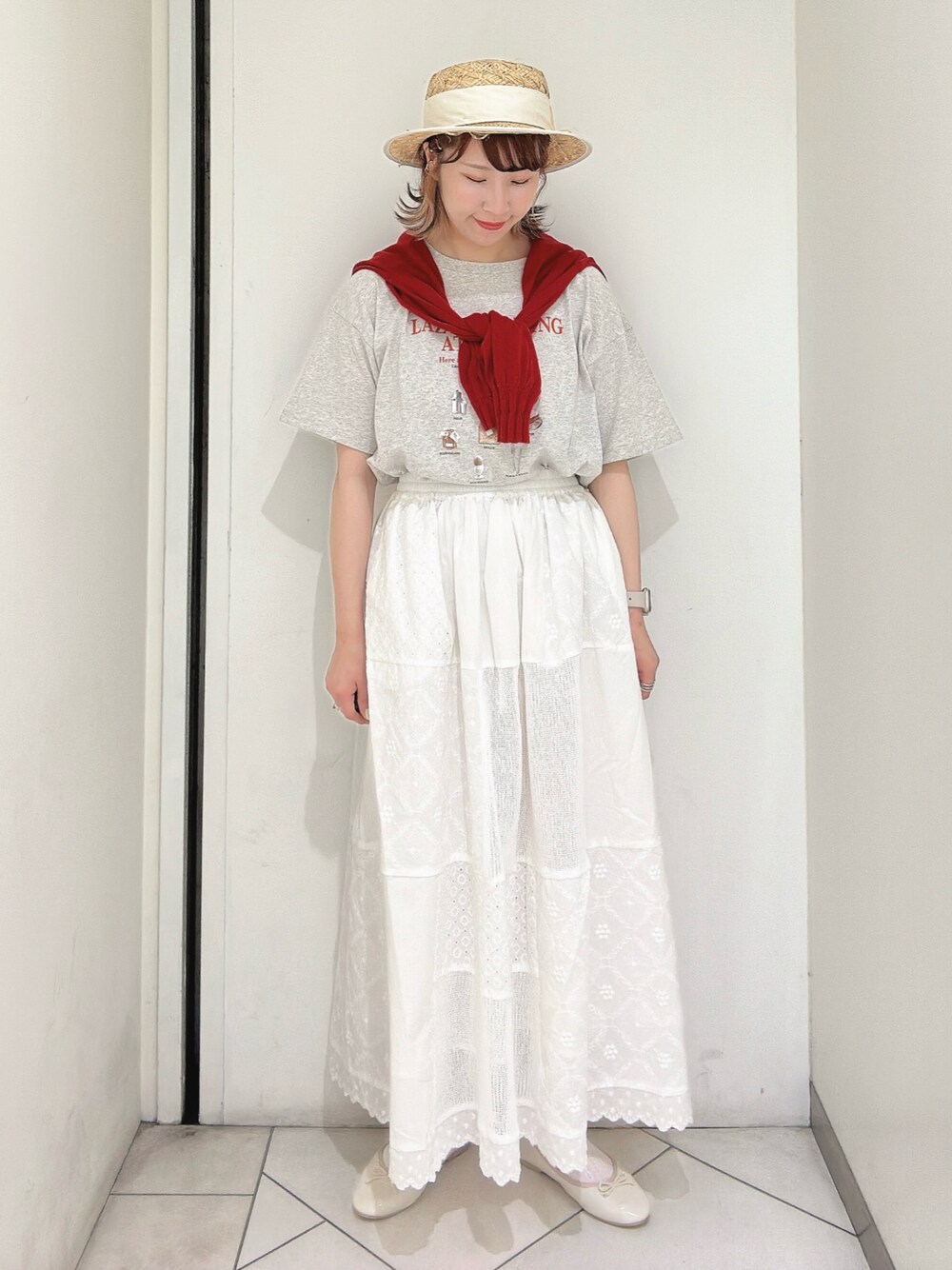 「カンカン帽、ゆべしコラボ、ゆべし×SamansaMos2、レーススカート、サマンサ モスモス(Samansa Mos2)」｜「Samansa Mos2のラフィア太リボンカンカン帽（ハット、ホワイト系）」を使った、sakura✿さん（レディース・158cm）の春コーディネートの1枚目の写真