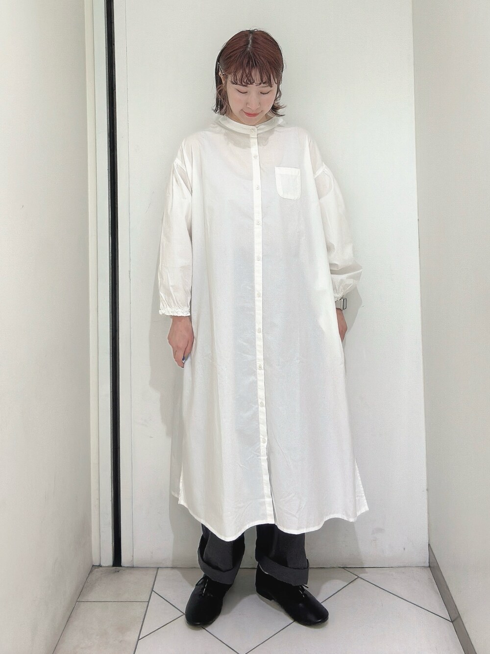 「ゆべしコラボ、ゆべし、ゆべし×SamansaMos2、シャツワンピ、サマンサ モスモス(Samansa Mos2)、リネンパンツ、Samansa Mos2」｜「Samansa Mos2の【S/XLサイズ WEB限定】ソフトレースアップシューズ（その他シューズ、ブラック系）」を使った、sakura✿さん（レディース・158cm）の春コーディネートの1枚目の写真
