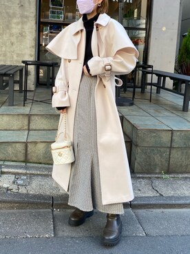 「ケープコート」｜「アイテム（ステンカラーコート）」を使った、ホソヤヤスコさん（レディース・161cm）の冬コーディネート