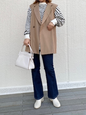 「one after another NICE CLAUP（ワンアフターアナザーナイスクラップ）のゆるっとメローボーダートップス（Tシャツ/カットソー）」を使った、ホソヤヤスコさん（レディース・161cm）の冬コーディネート