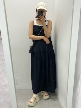 「one after another NICE CLAUP（ワンアフターアナザーナイスクラップ）のアイテム（キャップ）」を使った、ホソヤヤスコさん（レディース・161cm）の夏コーディネート