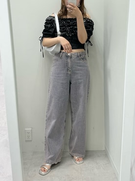 「ワイドパンツ」｜「アイテム（デニムパンツ、ピンク系）」を使った、ホソヤヤスコさん（レディース・161cm）の夏コーディネート