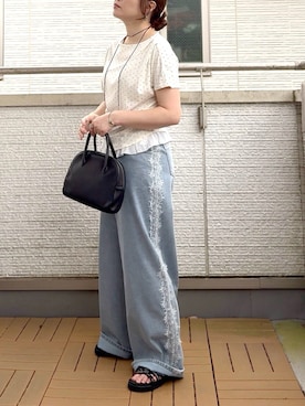 「SENSE OF PLACE by URBAN RESEARCH（センスオブプレイスバイアーバンリサーチ）のフリルドレープトップ（Tシャツ/カットソー、ホワイト系）」を使った、Kay-teeeさん（レディース・150cm）の夏コーディネート