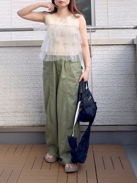 「SENSE OF PLACE by URBAN RESEARCH（センスオブプレイスバイアーバンリサーチ）の『洗濯可』ダブルジップフリルニットトップ（ニット/セーター、ホワイト系）」を使った、Kay-teeeさん（レディース・150cm）の夏コーディネート