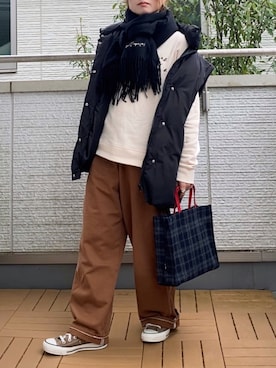 「ペインターパンツ」｜「アイテム（ダウンジャケット/コート）」を使った、Kay-teeeさん（レディース・150cm）の秋コーディネート