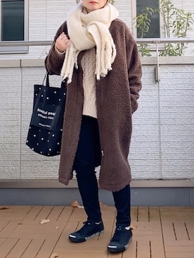 「Chillfar（チルファー）のアイテム（ノーカラーコート）」を使った、Kay-teeeさん（レディース・150cm）の冬コーディネート