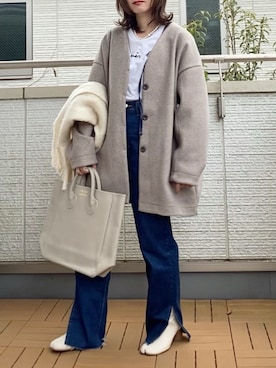 「スリットパンツ」｜「アイテム（ノーカラーコート）」を使った、Kay-teeeさん（レディース・150cm）の冬コーディネート