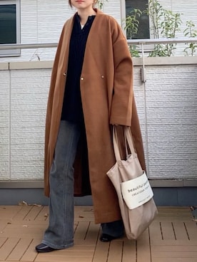 「フレアデニム」｜「アイテム（ノーカラーコート）」を使った、Kay-teeeさん（レディース・150cm）の冬コーディネート