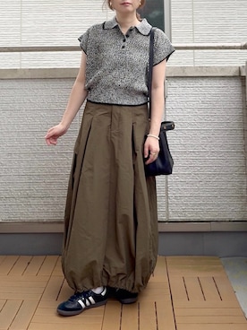 「tiptop（ティップトップ）のメランジメッシュライン入りポロ（ポロシャツ、ブラック系）」を使った、Kay-teeeさん（レディース・150cm）の夏コーディネート