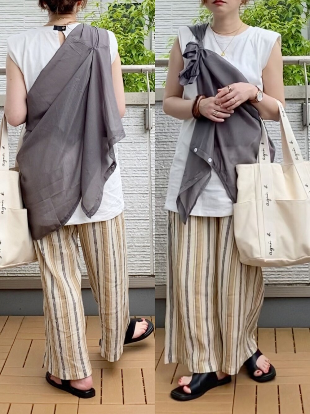 ホワイト系のTシャツ/カットソー、グレー系のシャツ/ブラウス、ホワイト系のその他パンツを着用したレディースの夏コーディネートの1枚目の写真