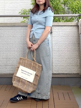 「SENSE OF PLACE by URBAN RESEARCH（センスオブプレイスバイアーバンリサーチ）の『洗濯可』オフショルリブセーター(半袖)（ニット/セーター、ブルー系）」を使った、Kay-teeeさん（レディース・150cm）の春コーディネート