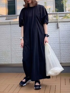 「HERENCIA（ヘレンチア）の【WEB限定商品】異素材切替え バルーンスリーブ  ボリュームスリーブ ワンピース（ワンピース）」を使った、Kay-teeeさん（レディース・150cm）の夏コーディネート