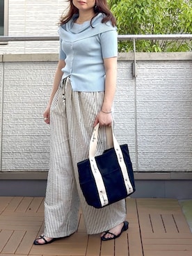 「CIAOPANIC TYPY（チャオパニックティピー）の【UNISEX】【プラスサイズあり】ストライプシアサッカーイージーパンツ（その他パンツ、ホワイト系）」を使った、Kay-teeeさん（レディース・150cm）の夏コーディネート