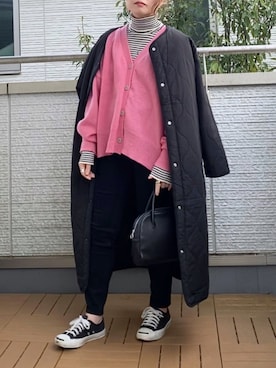 「ボーダー」｜「アイテム（ノーカラーコート）」を使った、Kay-teeeさん（レディース・150cm）の冬コーディネート