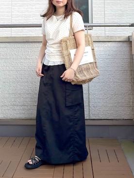 「SENSE OF PLACE by URBAN RESEARCH（センスオブプレイスバイアーバンリサーチ）のフリルドレープトップ（Tシャツ/カットソー、ホワイト系）」を使った、Kay-teeeさん（レディース・150cm）の夏コーディネート