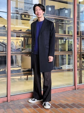 「アイテム（チェスターコート、ブルー系）」を使った、piroya619さん（メンズ・182cm）の冬コーディネート