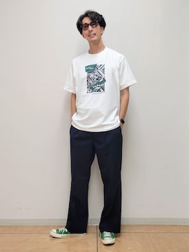 「TAKEO KIKUCHI（タケオキクチ）のモノクロタイルTシャツ（Tシャツ/カットソー、ホワイト系）」を使った、piroya619さん（メンズ）の夏コーディネート