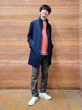 「TAKEO KIKUCHI（タケオキクチ）の撥水ツイル スタンドカラー コート（その他アウター、ブルー系）」を使った、piroya619さん（メンズ）の冬コーディネート